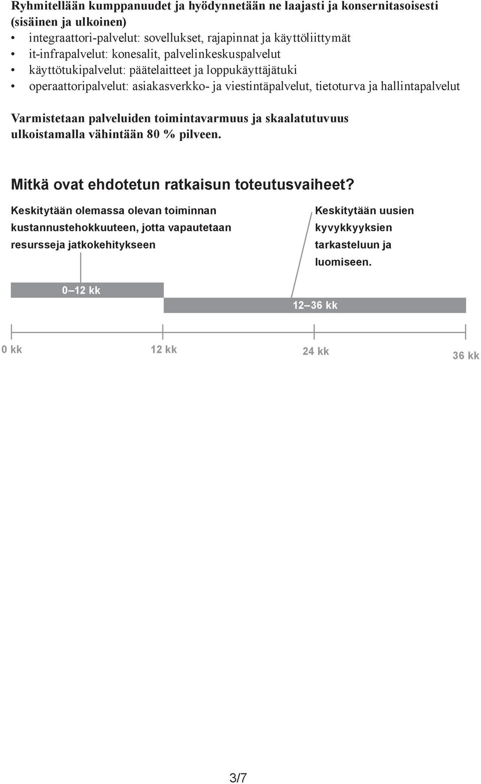 hallintapalvelut Varmistetaan palveluiden toimintavarmuus ja skaalatutuvuus ulkoistamalla vähintään 80 % pilveen. Mitkä ovat ehdotetun ratkaisun toteutusvaiheet?