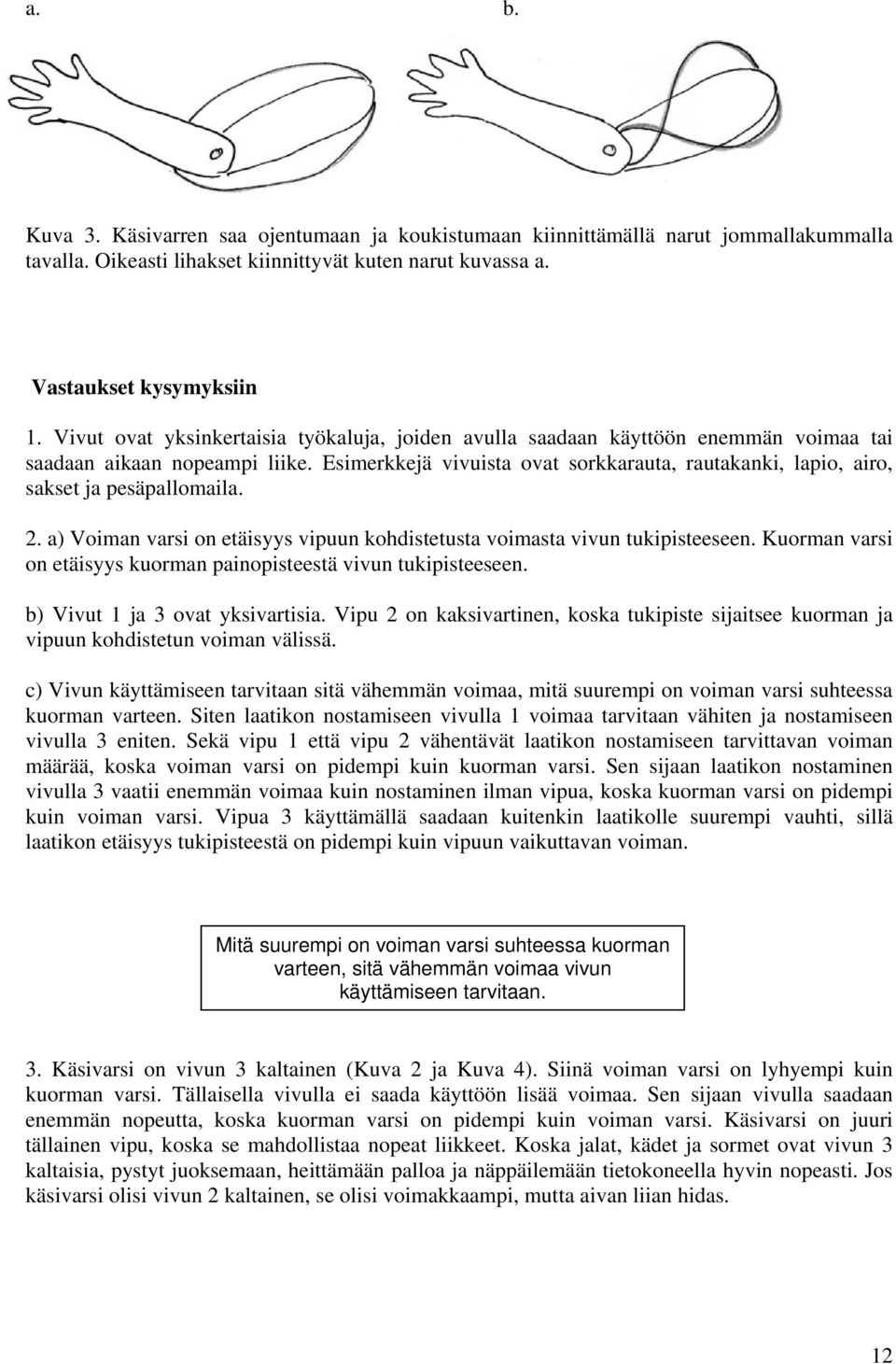 Esimerkkejä vivuista ovat sorkkarauta, rautakanki, lapio, airo, sakset ja pesäpallomaila. 2. a) Voiman varsi on etäisyys vipuun kohdistetusta voimasta vivun tukipisteeseen.