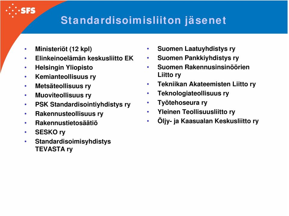 Standardisoimisyhdistys TEVASTA ry Suomen Laatuyhdistys ry Suomen Pankkiyhdistys ry Suomen Rakennusinsinöörien Liitto ry