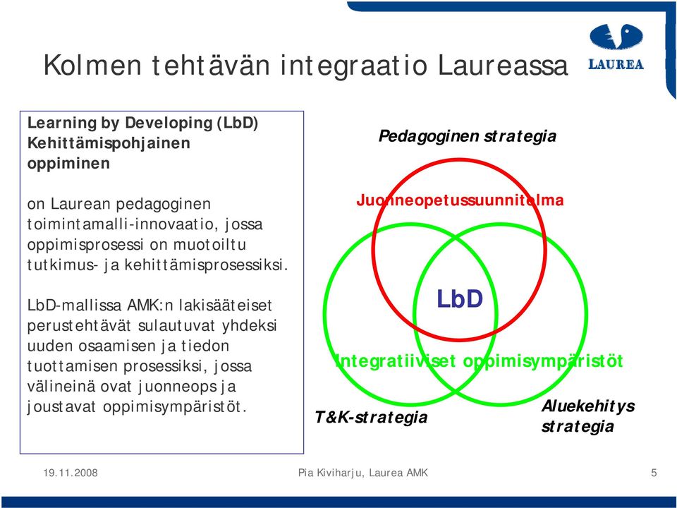 LbD-mallissa AMK:n lakisääteiset perustehtävät sulautuvat yhdeksi uuden osaamisen ja tiedon tuottamisen prosessiksi, jossa välineinä ovat
