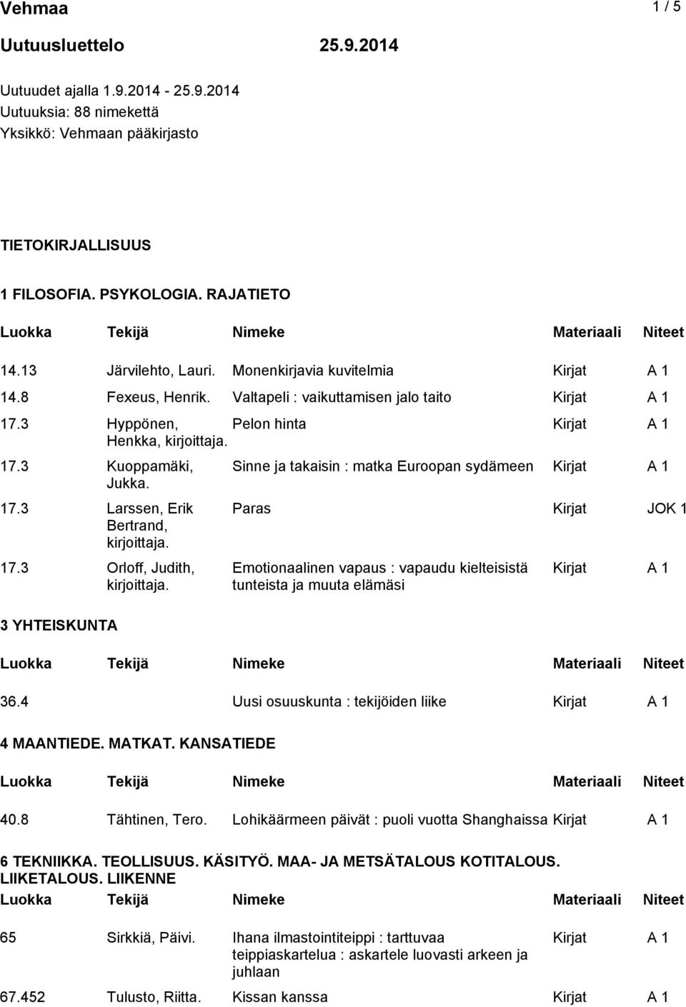 3 Orloff, Judith, 3 YHTEISKUNTA Sinne ja takaisin : matka Euroopan sydämeen Paras Kirjat JOK 1 Emotionaalinen vapaus : vapaudu kielteisistä tunteista ja muuta elämäsi 36.