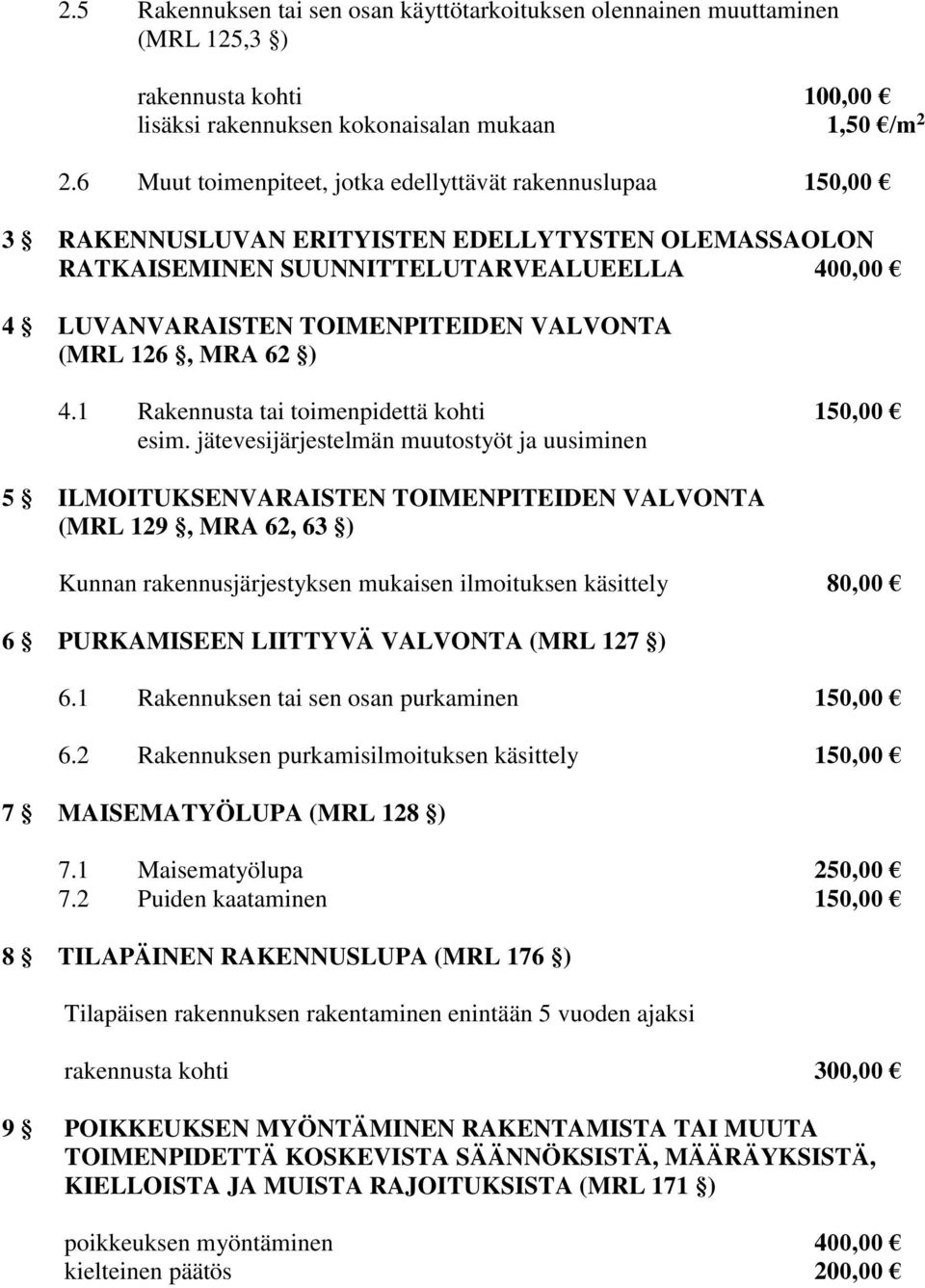 VALVONTA (MRL 126, MRA 62 ) 4.1 Rakennusta tai toimenpidettä kohti 150,00 esim.