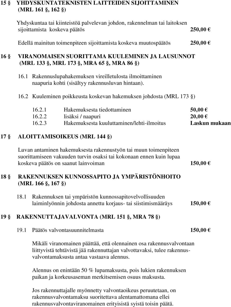 1 Rakennuslupahakemuksen vireilletulosta ilmoittaminen naapuria kohti (sisältyy rakennusluvan hintaan). 16.2 Kuuleminen poikkeusta koskevan hakemuksen johdosta (MRL 173 ) 16.2.1 Hakemuksesta tiedottaminen 50,00 16.