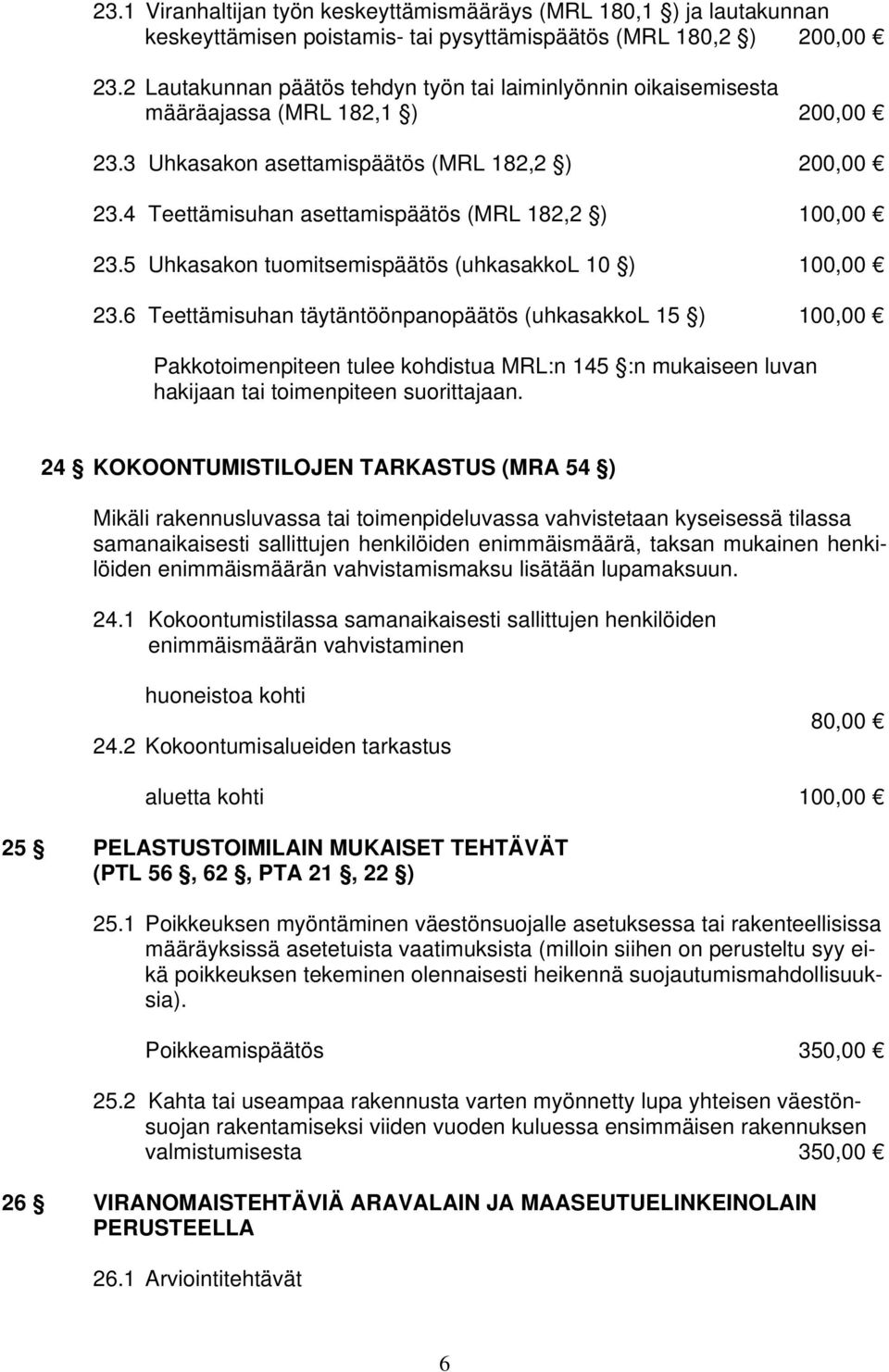 4 Teettämisuhan asettamispäätös (MRL 182,2 ) 100,00 23.5 Uhkasakon tuomitsemispäätös (uhkasakkol 10 ) 100,00 23.