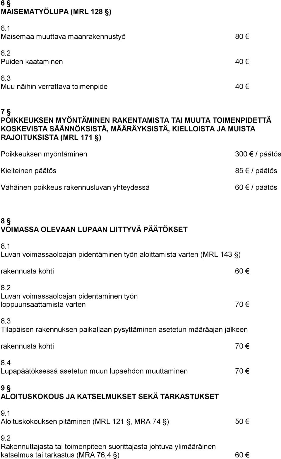 myöntäminen Kielteinen päätös Vähäinen poikkeus rakennusluvan yhteydessä 300 / päätös 85 / päätös 60 / päätös 8 VOIMASSA OLEVAAN LUPAAN LIITTYVÄ PÄÄTÖKSET 8.