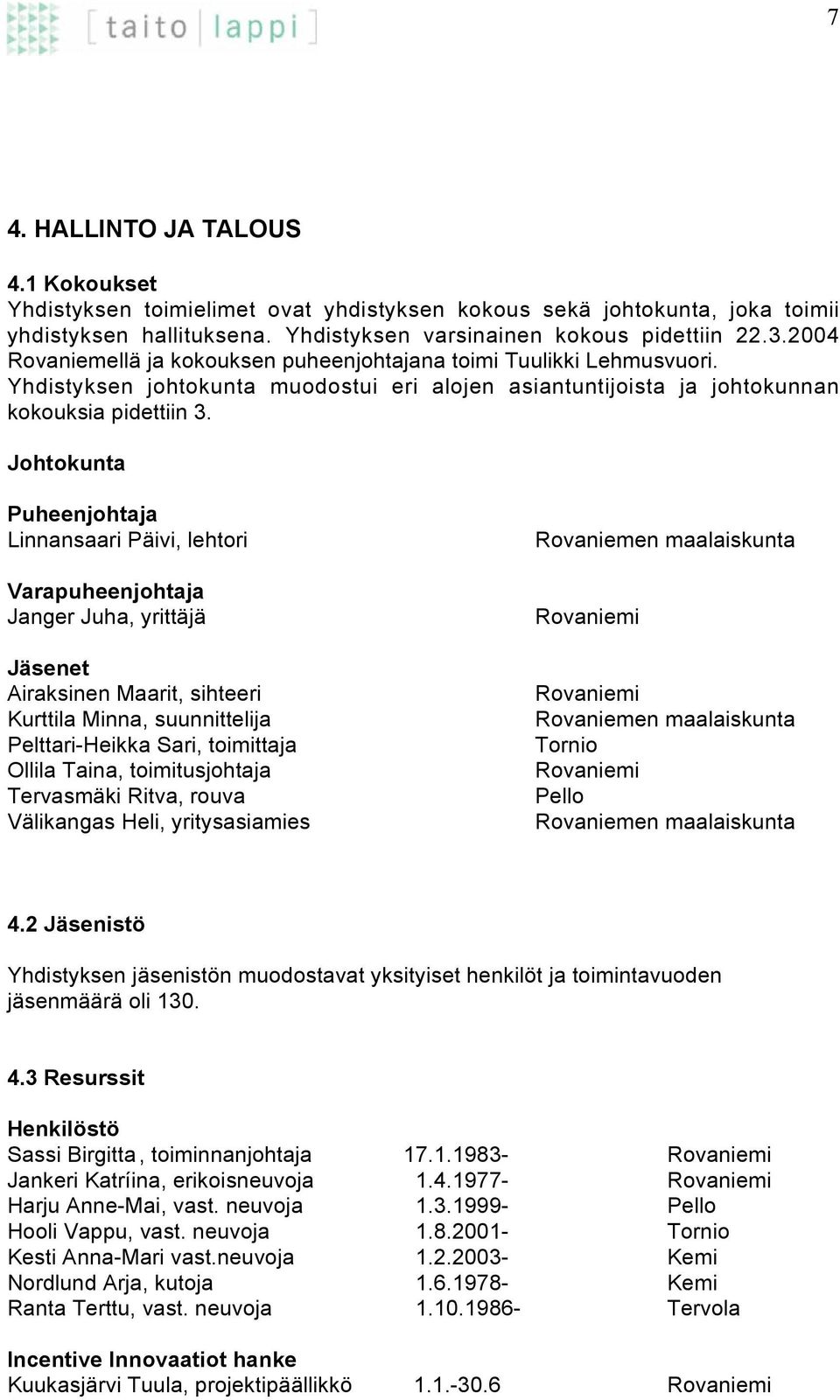 Johtokunta Puheenjohtaja Linnansaari Päivi, lehtori Varapuheenjohtaja Janger Juha, yrittäjä Jäsenet Airaksinen Maarit, sihteeri Kurttila Minna, suunnittelija Pelttari-Heikka Sari, toimittaja Ollila