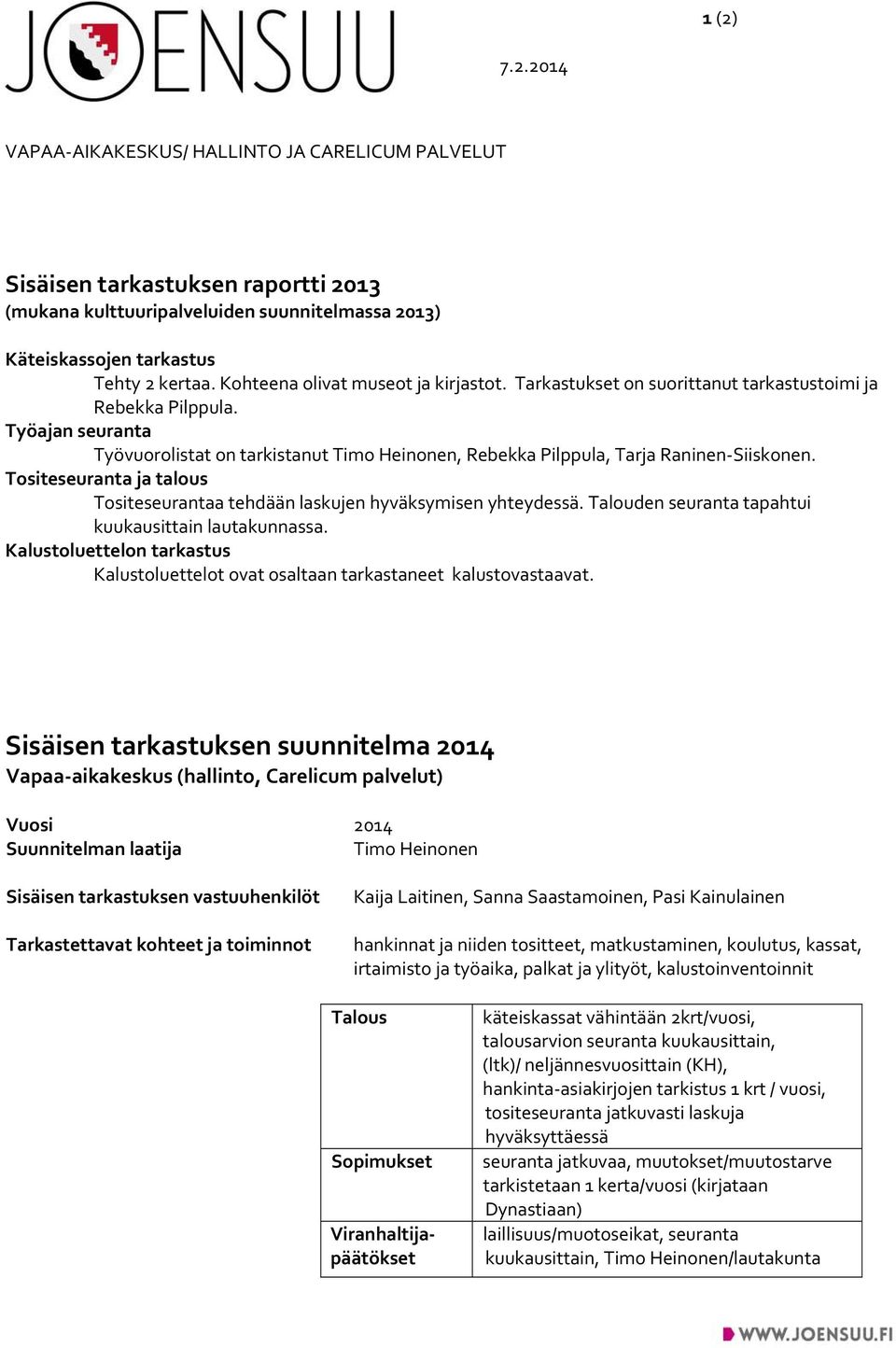 Työajan seuranta Työvuorolistat on tarkistanut Timo Heinonen, Rebekka Pilppula, Tarja Raninen Siiskonen. Tositeseuranta ja talous Tositeseurantaa tehdään laskujen hyväksymisen yhteydessä.