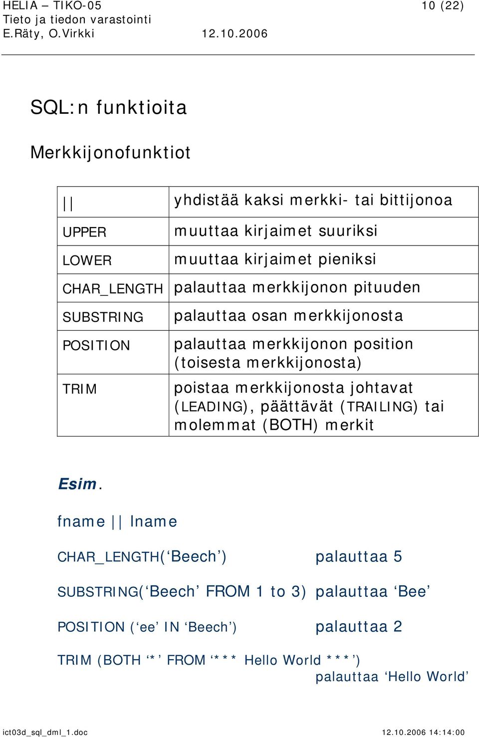 (toisesta merkkijonosta) poistaa merkkijonosta johtavat (LEADING), päättävät (TRAILING) tai molemmat (BOTH) merkit Esim.