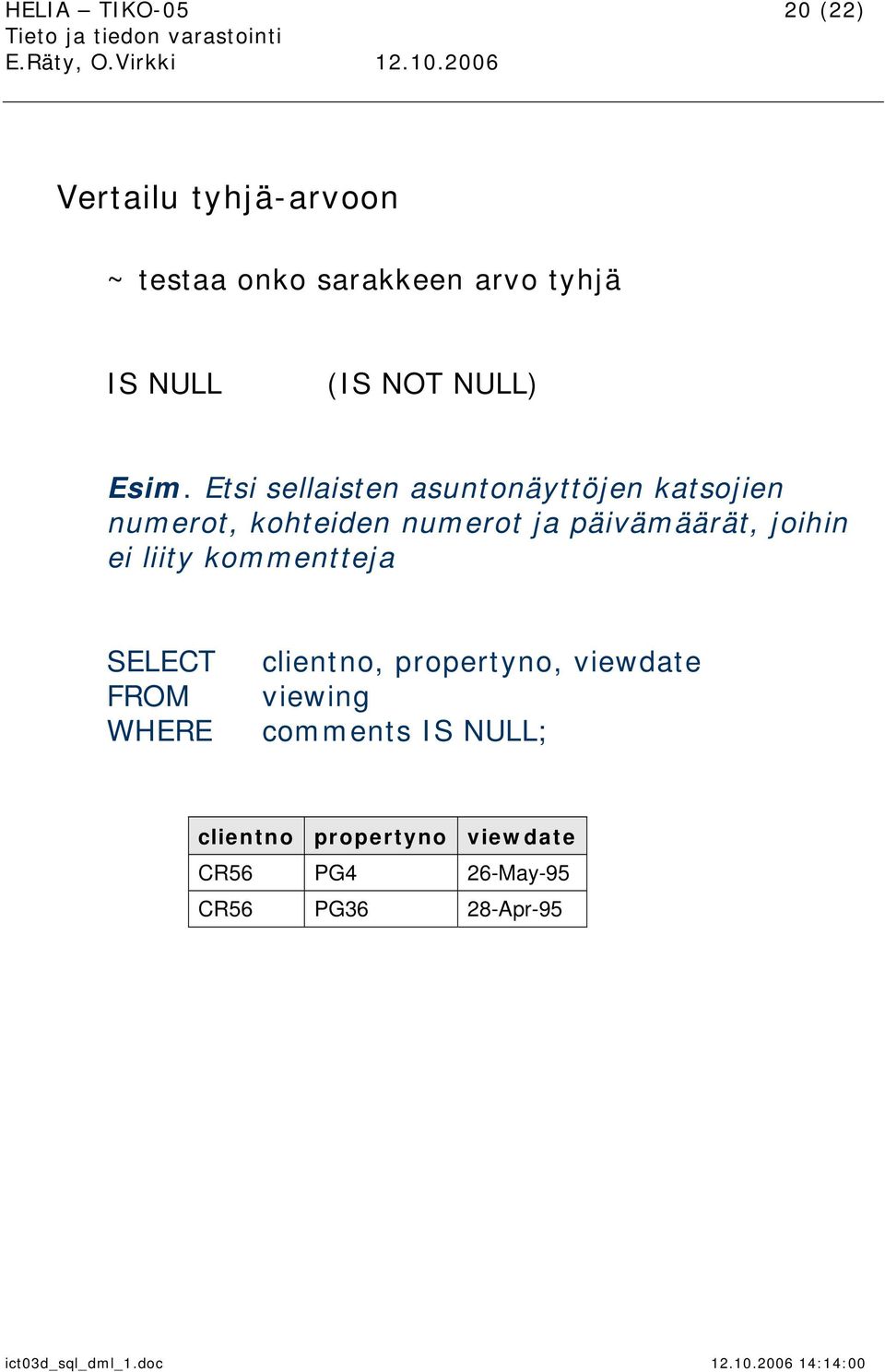 Etsi sellaisten asuntonäyttöjen katsojien numerot, kohteiden numerot ja päivämäärät,