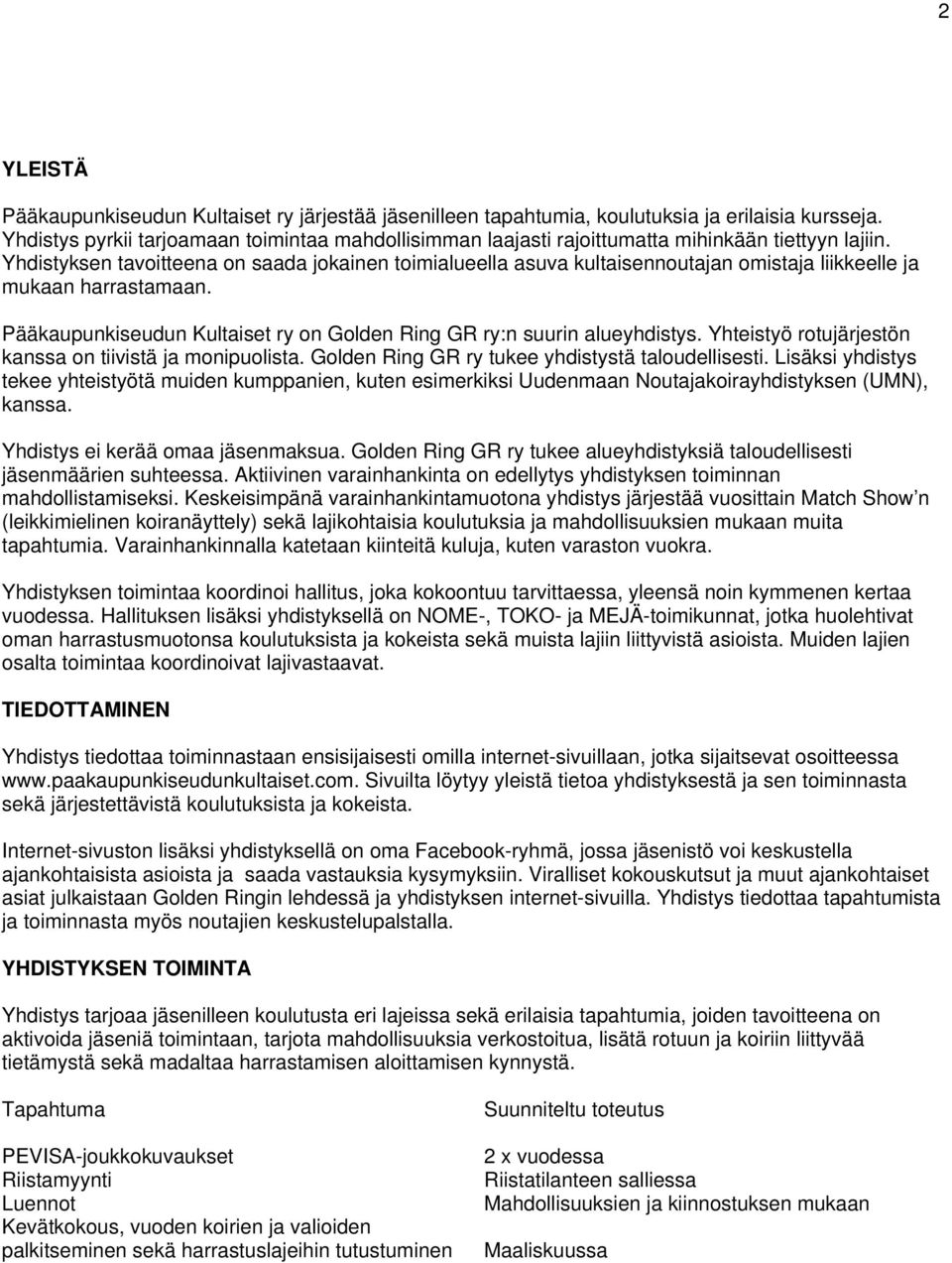 Yhdistyksen tavoitteena on saada jokainen toimialueella asuva kultaisennoutajan omistaja liikkeelle ja mukaan harrastamaan. Pääkaupunkiseudun Kultaiset ry on Golden Ring GR ry:n suurin alueyhdistys.