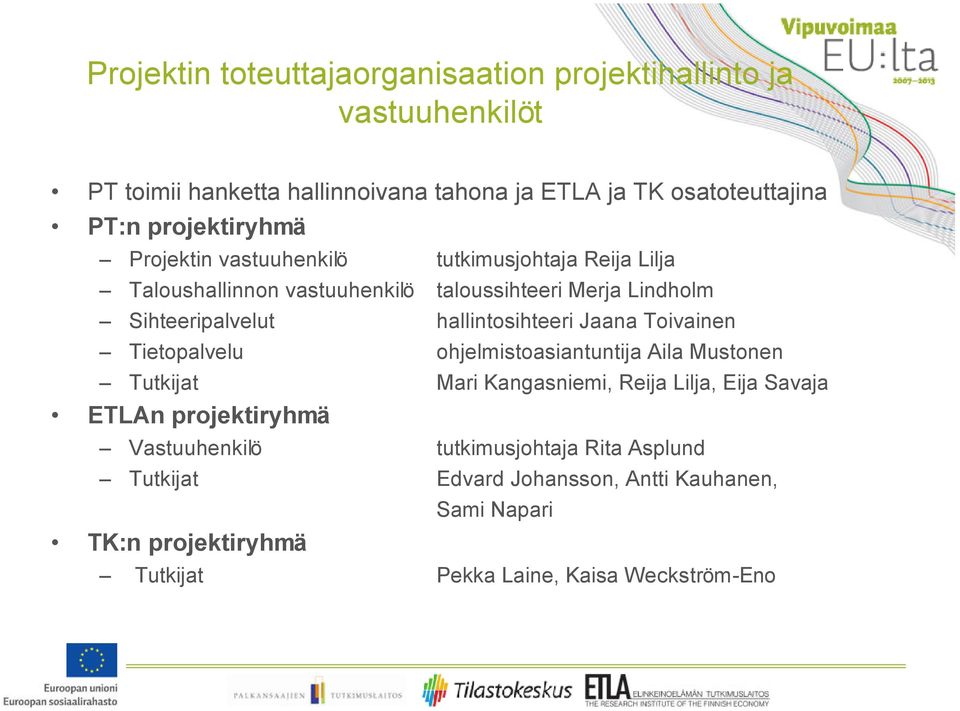 hallintosihteeri Jaana Toivainen Tietopalvelu ohjelmistoasiantuntija Aila Mustonen Tutkijat Mari Kangasniemi, Reija Lilja, Eija Savaja ETLAn