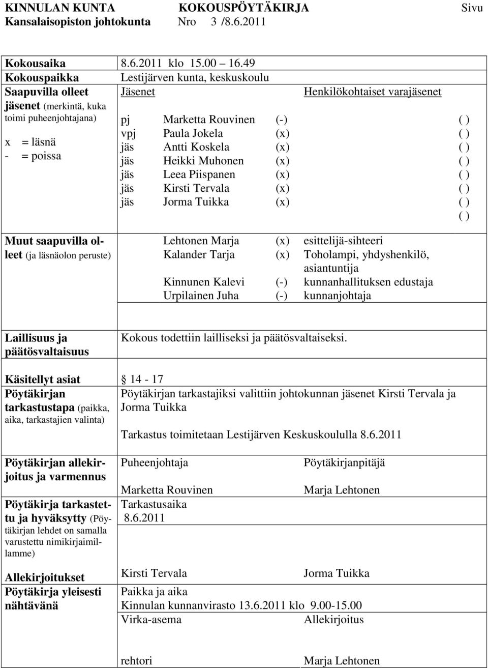 Muhonen Leea Piispanen Kirsti Tervala Jorma Tuikka Henkilökohtaiset varaenet Muut saapuvilla olleet (ja läsnäolon peruste) Lehtonen Marja Kalander Tarja Kinnunen Kalevi Urpilainen Juha