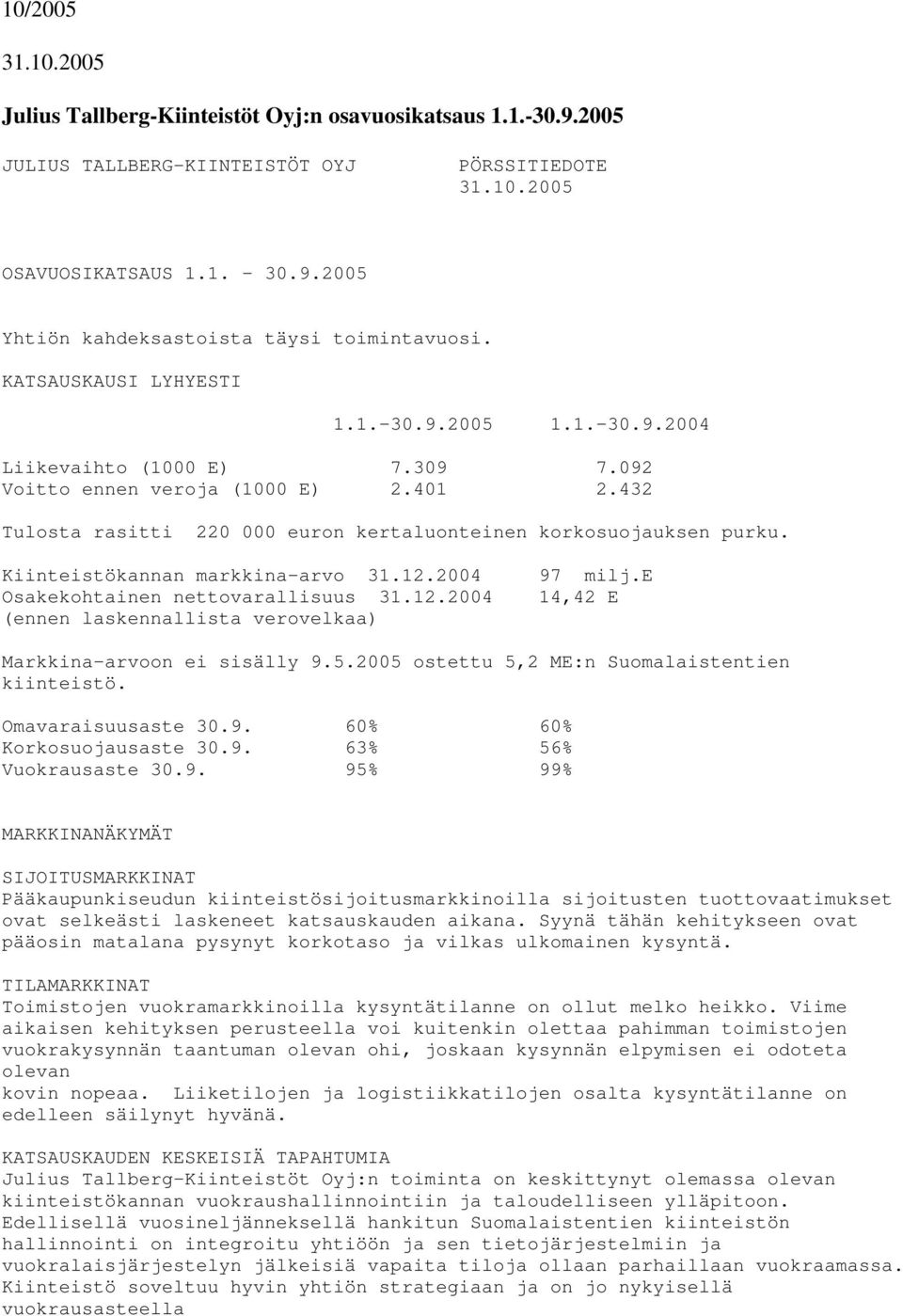 Kiinteistökannan markkina-arvo 31.12.2004 Osakekohtainen nettovarallisuus 31.12.2004 (ennen laskennallista verovelkaa) 97 milj.e 14,42 E Markkina-arvoon ei sisälly 9.5.