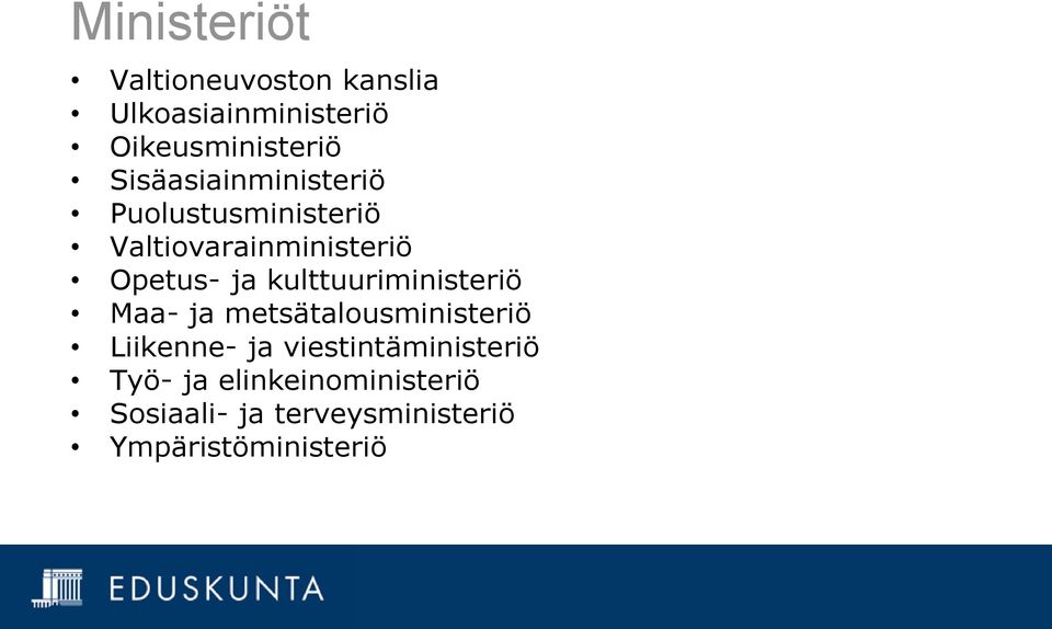 kulttuuriministeriö Maa- ja metsätalousministeriö Liikenne- ja