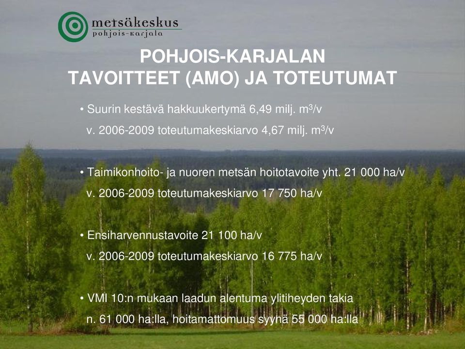 21 000 ha/v v. 2006-2009 toteutumakeskiarvo 17 750 ha/v Ensiharvennustavoite 21 100 ha/v v.