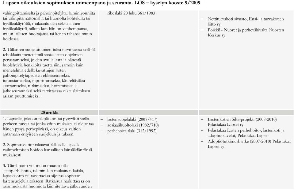 Tällaisten suojelutoimien tulisi tarvittaessa sisältää tehokkaita menetelmiä sosiaalisten ohjelmien perustamiseksi, joiden avulla lasta ja hänestä huolehtivia henkilöitä tuettaisiin, samoin kuin