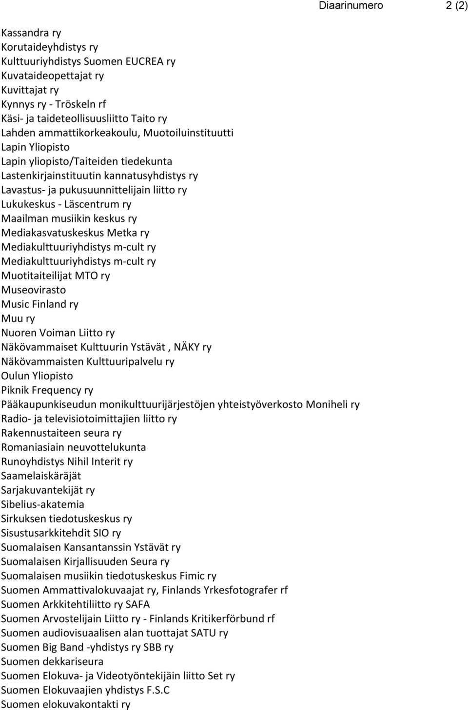 musiikin keskus ry Mediakasvatuskeskus Metka ry Mediakulttuuriyhdistys m-cult ry Mediakulttuuriyhdistys m-cult ry Muotitaiteilijat MTO ry Museovirasto Music Finland ry Muu ry Nuoren Voiman Liitto ry