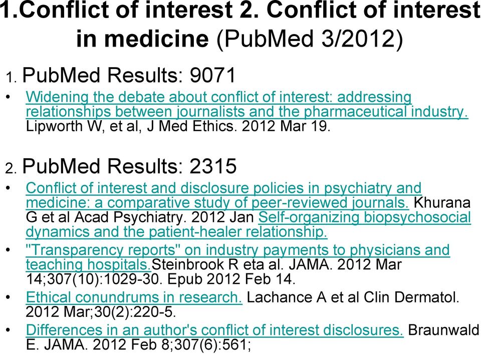 12 Mar 19. 2. PubMed Results: 2315 Conflict of interest and disclosure policies in psychiatry and medicine: a comparative study of peer-reviewed journals. Khurana G et al Acad Psychiatry.