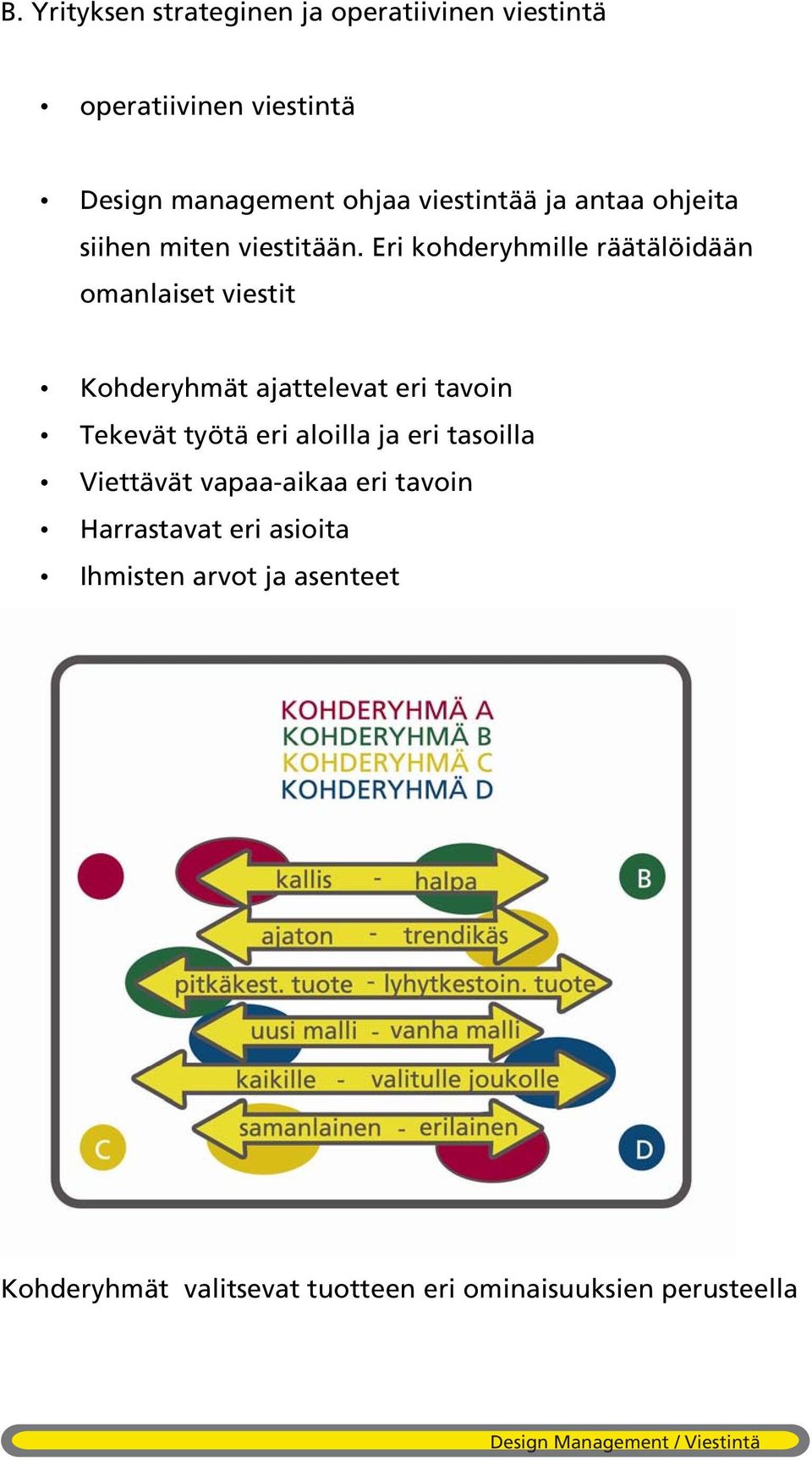 Eri kohderyhmille räätälöidään omanlaiset viestit Kohderyhmät ajattelevat eri tavoin Tekevät työtä eri