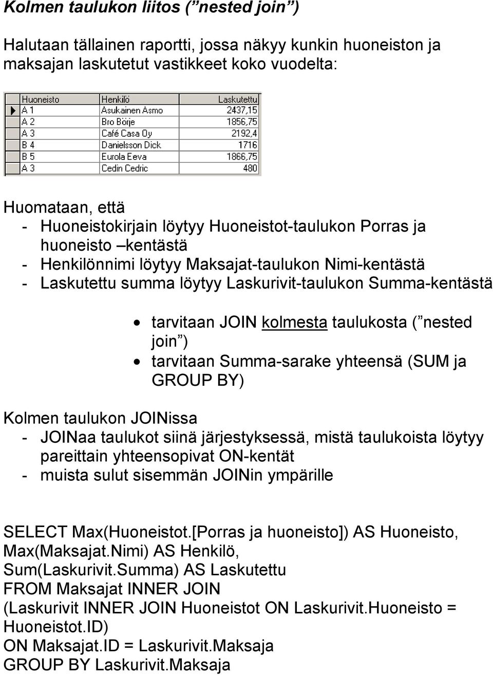 ( nested join ) tarvitaan Summa-sarake yhteensä (SUM ja GROUP BY) Kolmen taulukon JOINissa - JOINaa taulukot siinä järjestyksessä, mistä taulukoista löytyy pareittain yhteensopivat ON-kentät - muista