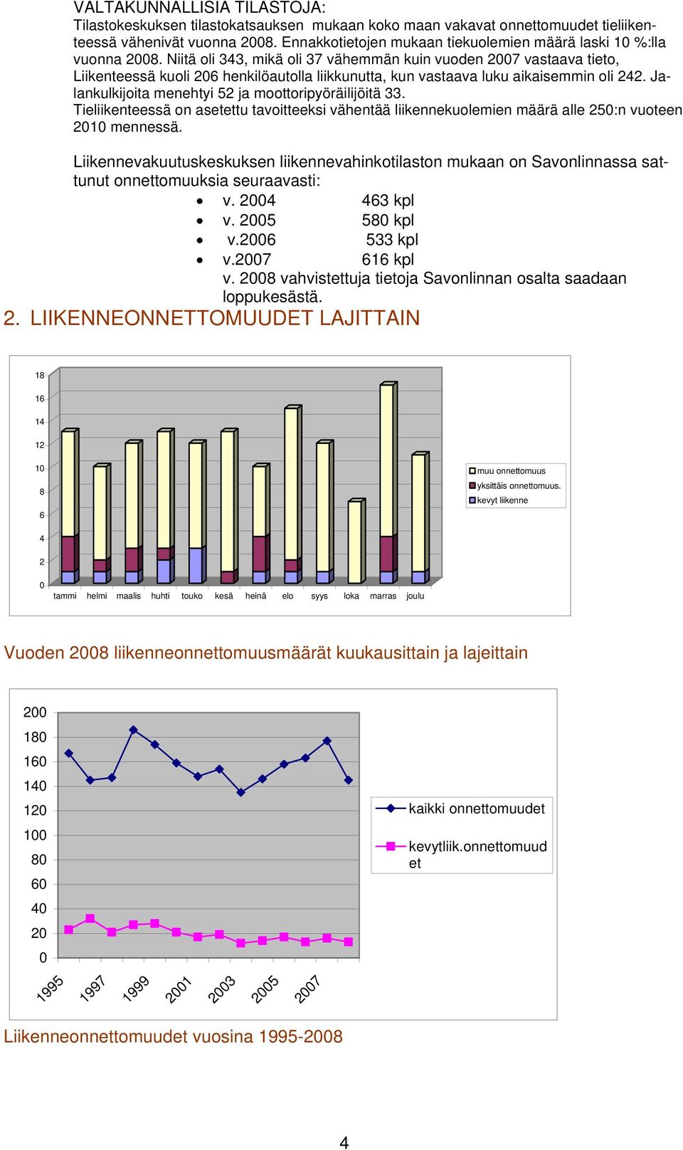 Niitä oli 343, mikä oli 37 vähemmän kuin vuoden 2007 vastaava tieto, Liikenteessä kuoli 206 henkilöautolla liikkunutta, kun vastaava luku aikaisemmin oli 242.