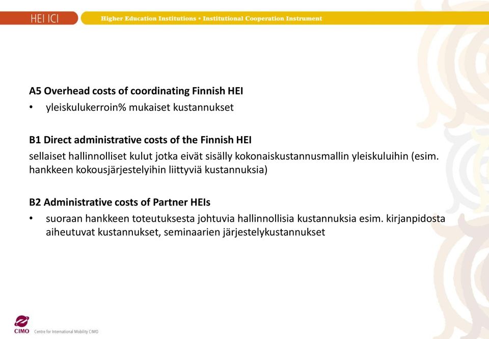 hankkeen kokousjärjestelyihin liittyviä kustannuksia) B2 Administrative costs of Partner HEIs suoraan hankkeen