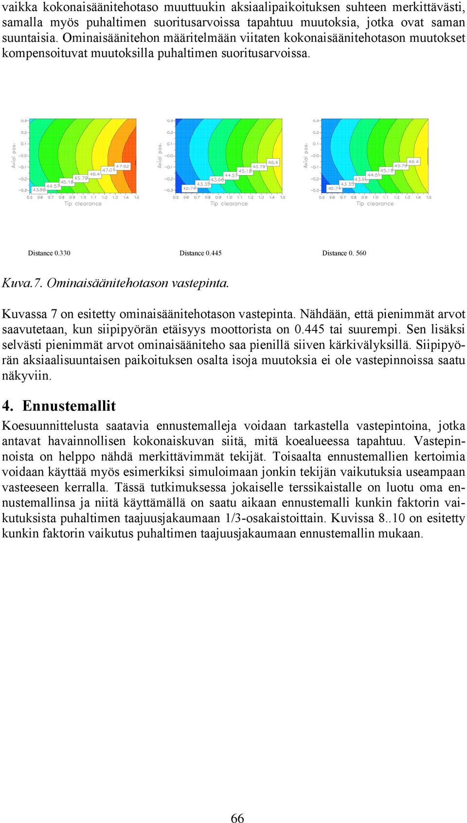 =5) 4D Contour of LWT = 136 = 186 = 36 Distance.33 Distance.445 Distance. 56 Kuva.7. Ominaisäänitehotason vastepinta. Kuvassa 7 on esitetty ominaisäänitehotason vastepinta.