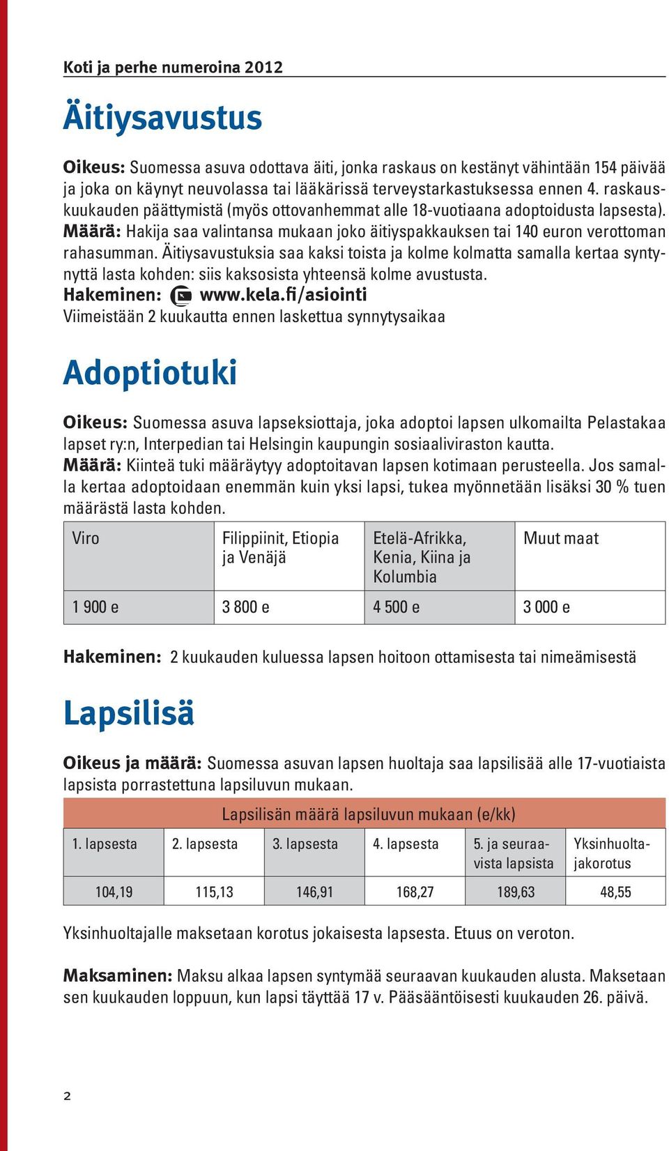 Äitiysavustuksia saa kaksi toista ja kolme kolmatta samalla kertaa syntynyttä lasta kohden: siis kaksosista yhteensä kolme avustusta. Hakeminen: www.kela.