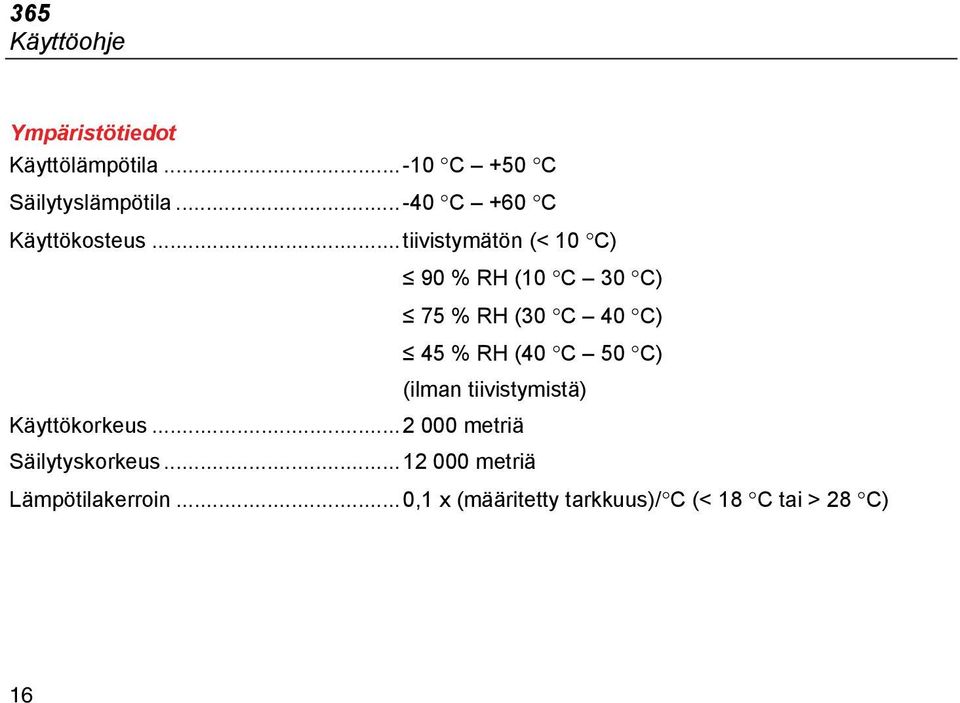 ..tiivistymätön (< 10 C) 90 % RH (10 C 30 C) 75 % RH (30 C 40 C) 45 % RH (40 C 50 C)