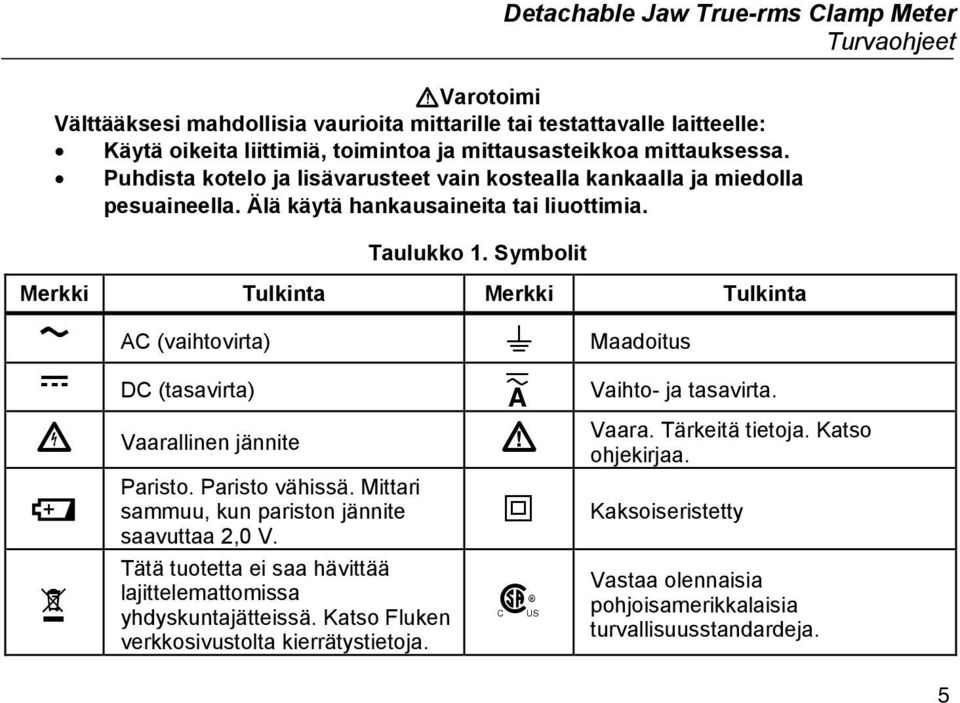 Symbolit Merkki Tulkinta Merkki Tulkinta AC (vaihtovirta) Maadoitus DC (tasavirta) Vaihto- ja tasavirta. Vaarallinen jännite Vaara. Tärkeitä tietoja. Katso ohjekirjaa. Paristo. Paristo vähissä.