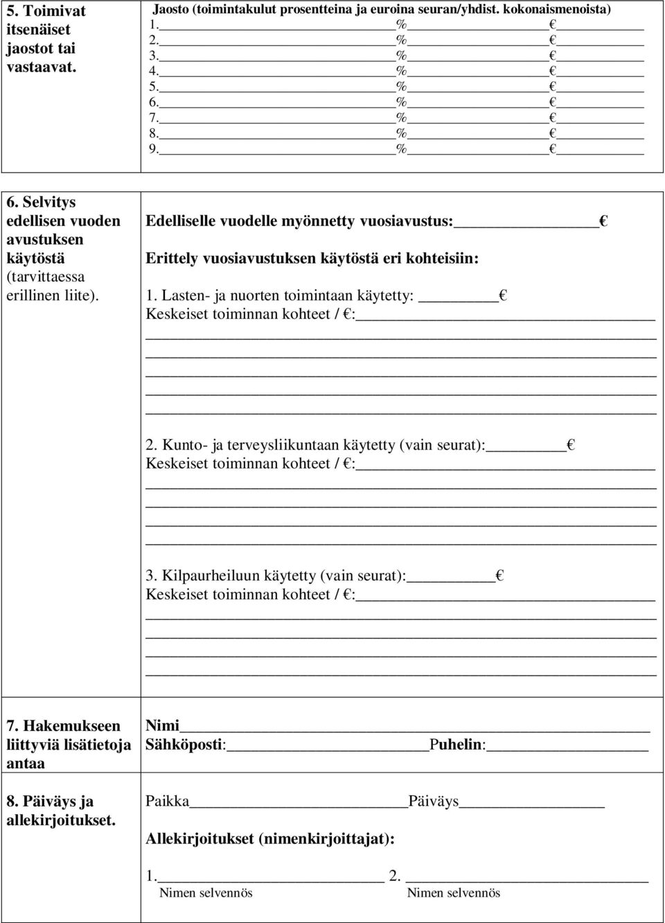 Edelliselle vuodelle myönnetty vuosiavustus: Erittely vuosiavustuksen käytöstä eri kohteisiin: 1. Lasten- ja nuorten toimintaan käytetty: Keskeiset toiminnan kohteet / : 2.