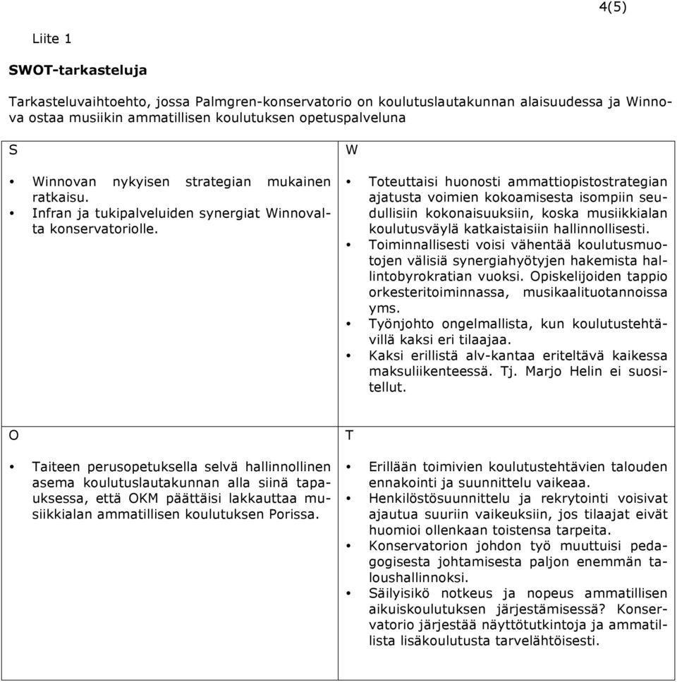 W Toteuttaisi huonosti ammattiopistostrategian ajatusta voimien kokoamisesta isompiin seudullisiin kokonaisuuksiin, koska musiikkialan koulutusväylä katkaistaisiin hallinnollisesti.