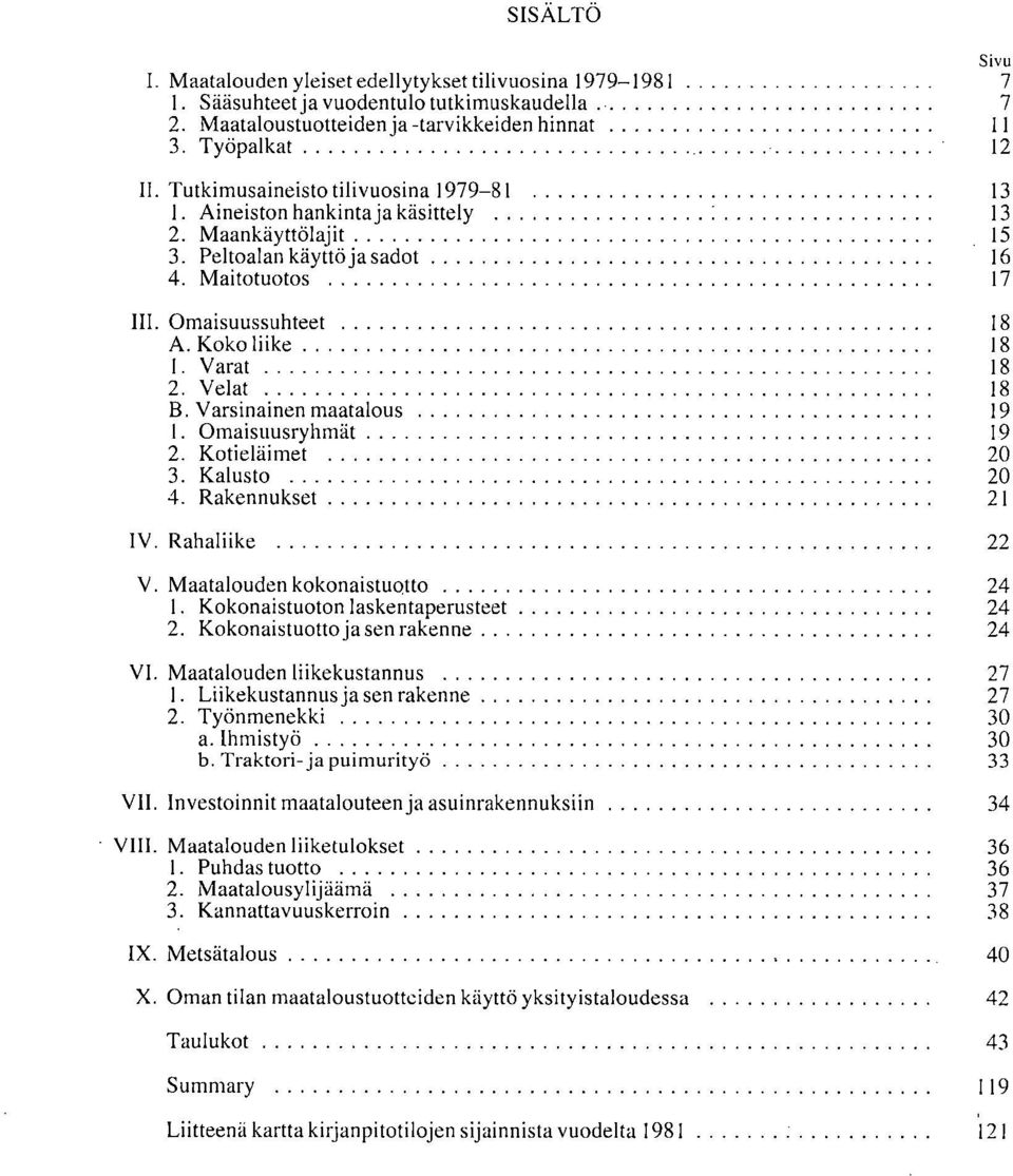 Varsinainen maatalous 9 Omaisuusryhmät 9 Kotieläimet 20 Kalusto 20 Rakennukset 21 IV. Rahaliike 22 V.