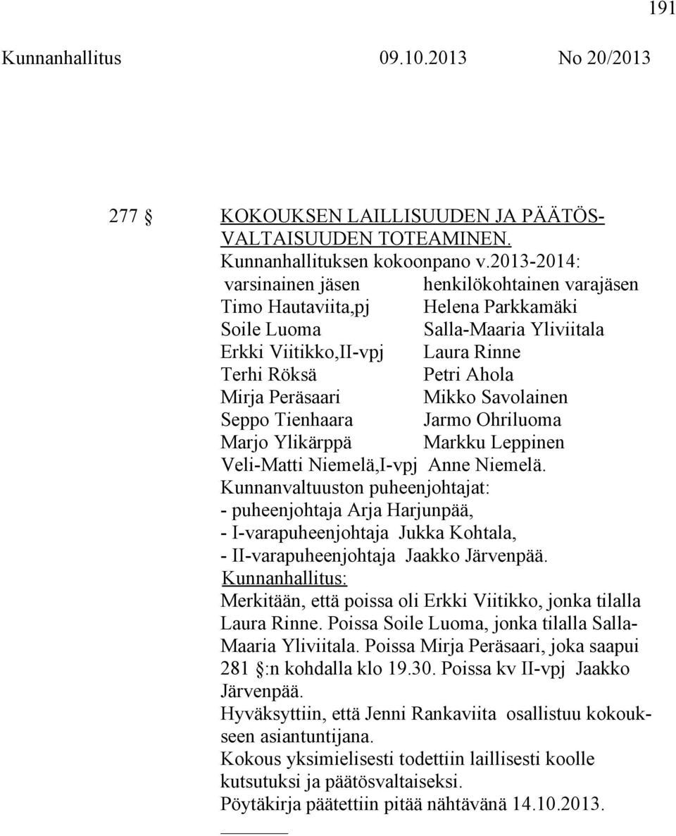 Peräsaari Mikko Savolainen Seppo Tienhaara Jarmo Ohriluoma Marjo Ylikärppä Markku Leppinen Veli-Matti Niemelä,I-vpj Anne Niemelä.