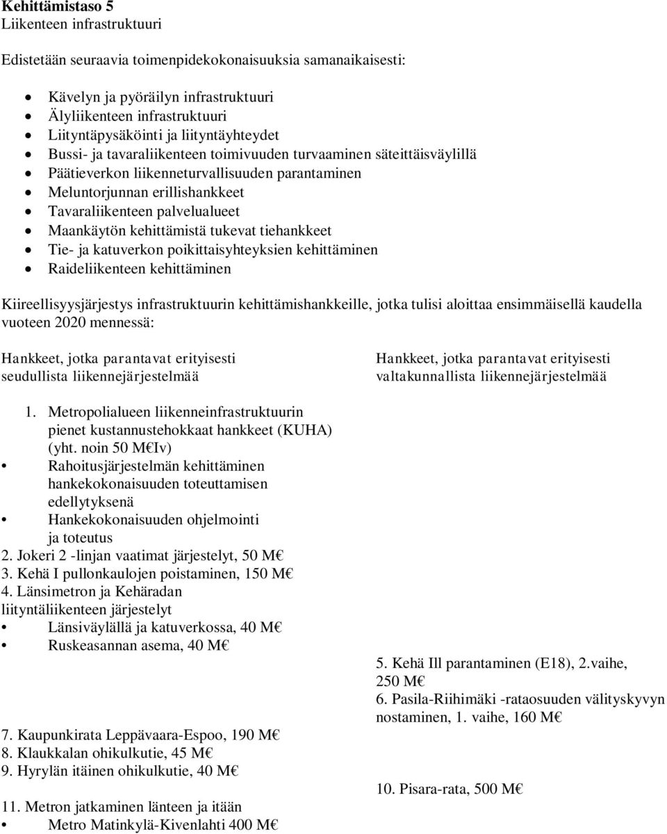 Maankäytön kehittämistä tukevat tiehankkeet Tie- ja katuverkon poikittaisyhteyksien kehittäminen Raideliikenteen kehittäminen Kiireellisyysjärjestys infrastruktuurin kehittämishankkeille, jotka