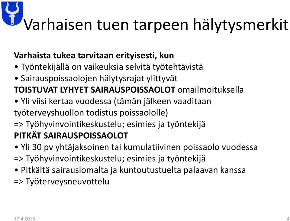 todistus poissaololle) => Työhyvinvointikeskustelu; esimies ja työntekijä PITKÄT SAIRAUSPOISSAOLOT Yli 30 pv yhtäjaksoinen tai kumulatiivinen