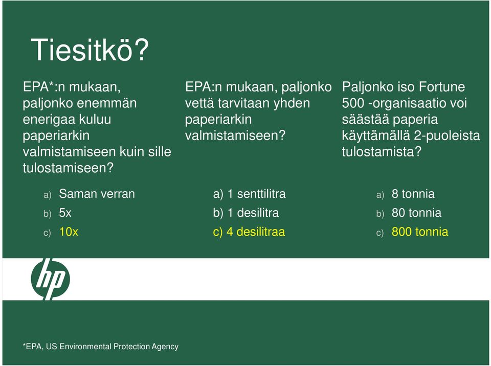 a) 1 senttilitra b) 1 desilitra c) 4 desilitraa Paljonko iso Fortune 500 -organisaatio voi säästää paperia