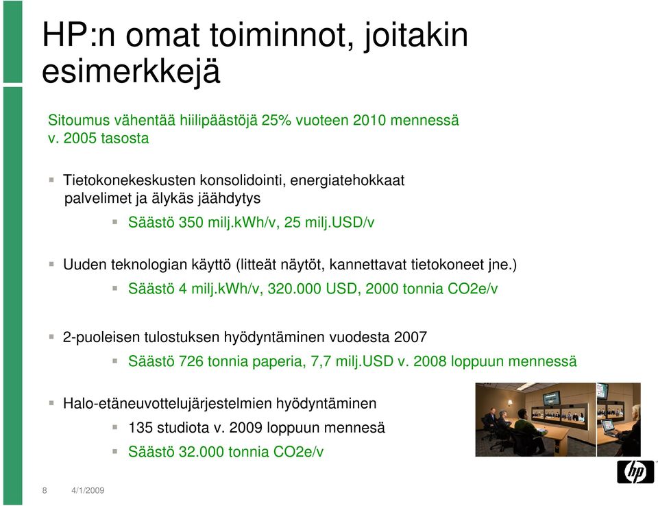 usd/v Uuden teknologian käyttö (litteät näytöt, kannettavat tietokoneet jne.) Säästö 4 milj.kwh/v, 320.