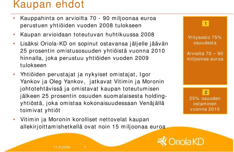 Vitimin ja Moronin johtotehtävissä ja omistavat kaupan toteutumisen jälkeen 25 prosentin osuuden suomalaisesta holdingyhtiöstä, joka omistaa kokonaisuudessaan Venäjällä toimivat yhtiöt Vitimin ja