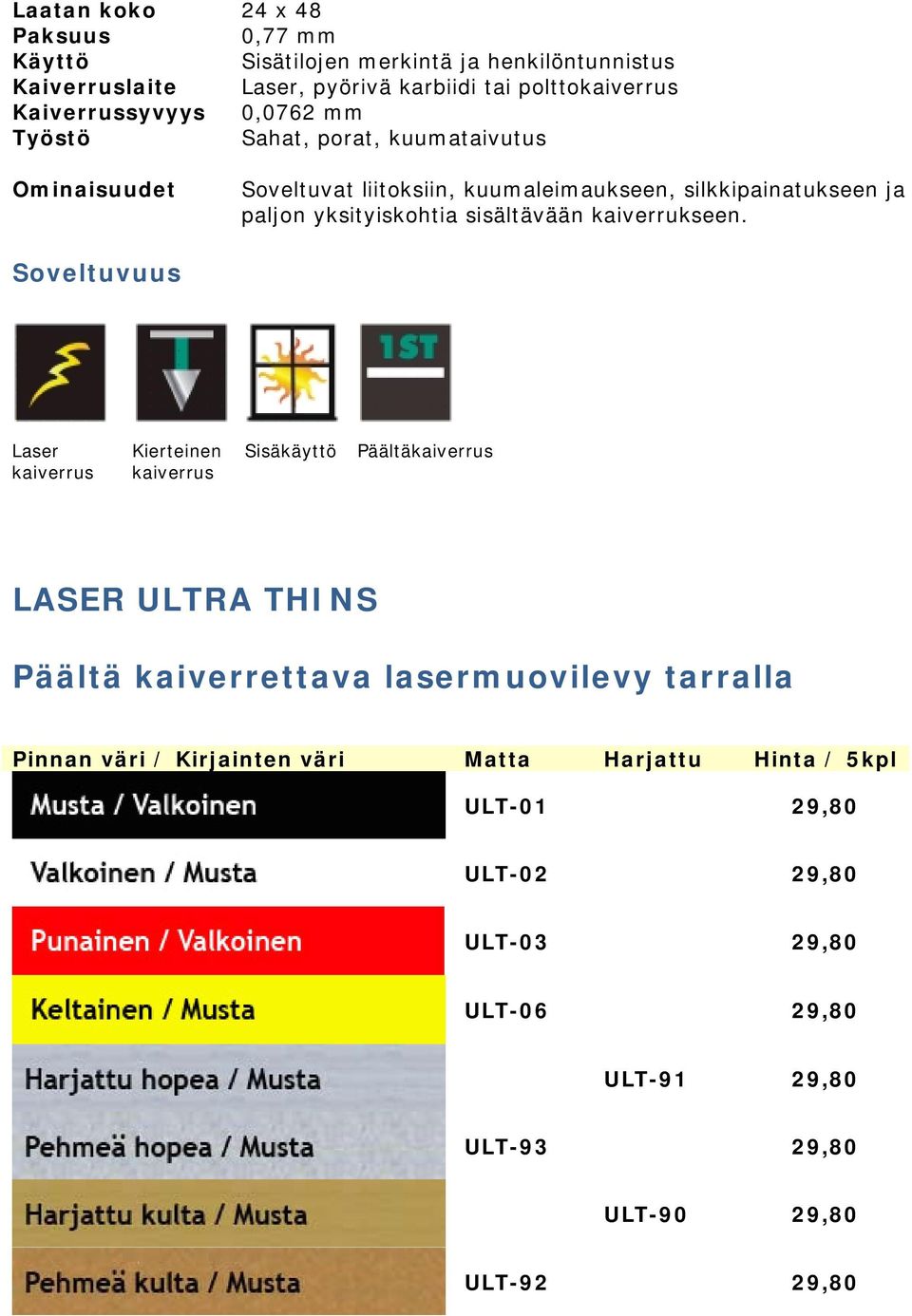 Soveltuvuus Sisäkäyttö Päältä LASER ULTRA THINS Päältä kaiverrettava lasermuovilevy tarralla Pinnan väri / Kirjainten väri