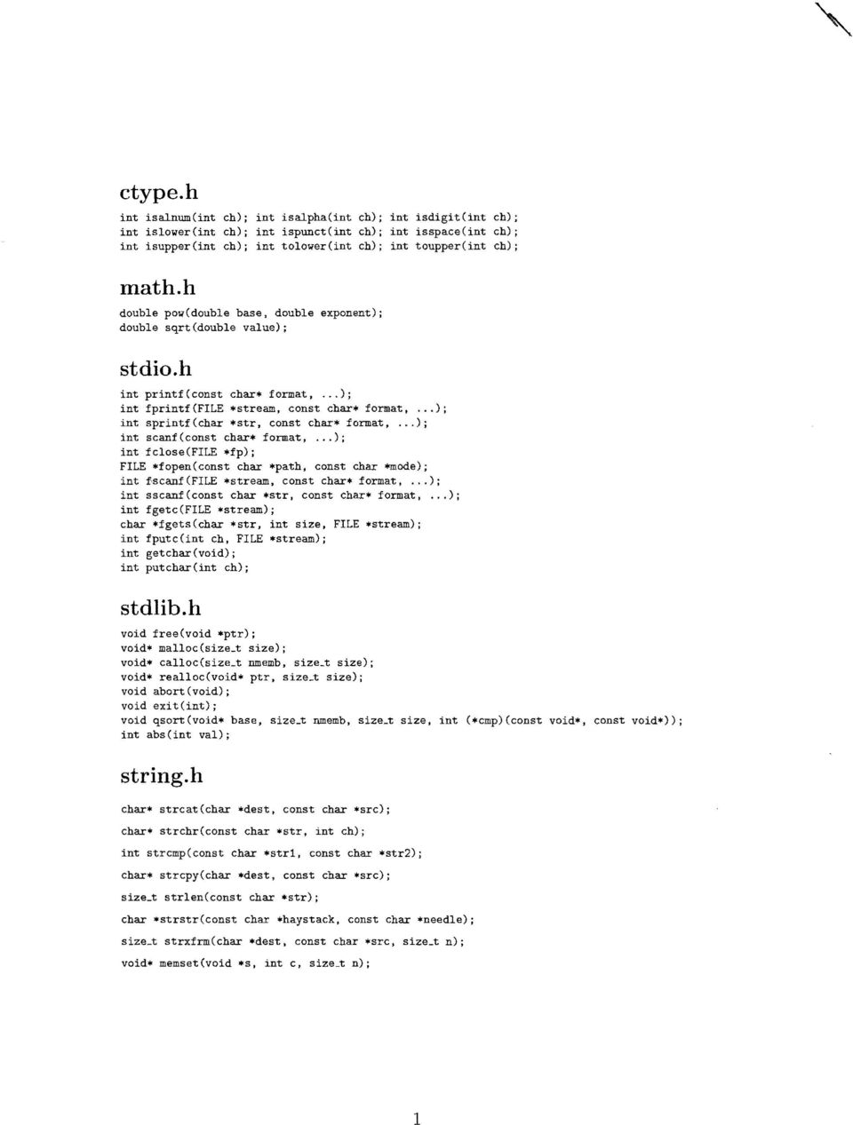 math.h double pow(double base, double exponent): double sqrt(double value); stdio.h int printf(const char* format,... ): int fprintf(file *stream, const char* format.