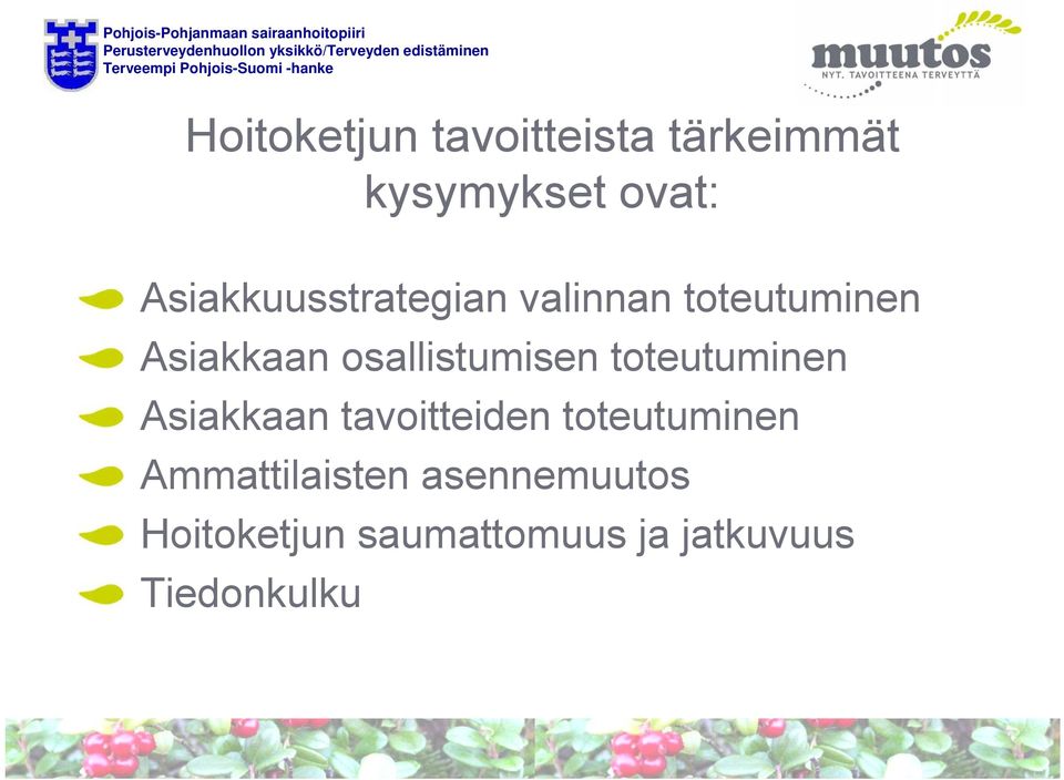 osallistumisen toteutuminen Asiakkaan tavoitteiden