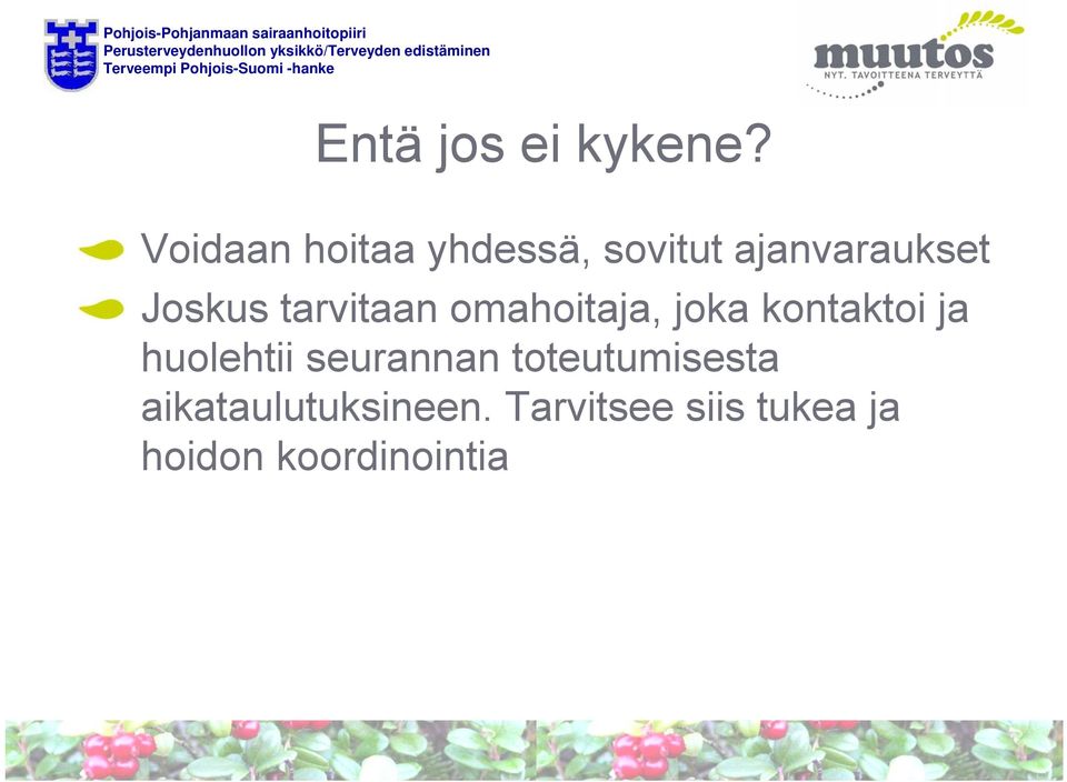 tarvitaan omahoitaja, joka kontaktoi ja huolehtii