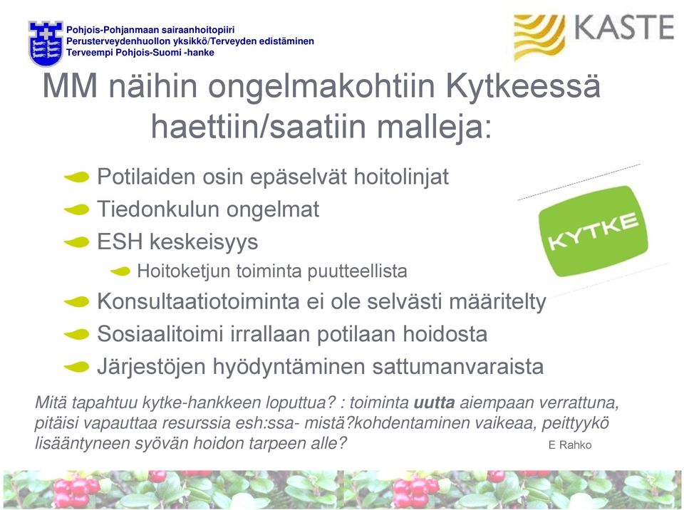 potilaan hoidosta Järjestöjen hyödyntäminen sattumanvaraista Mitä tapahtuu kytke-hankkeen loputtua?