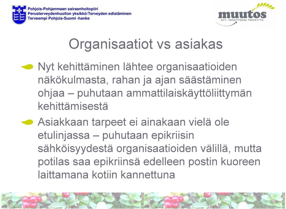 tarpeet ei ainakaan vielä ole etulinjassa puhutaan epikriisin sähköisyydestä