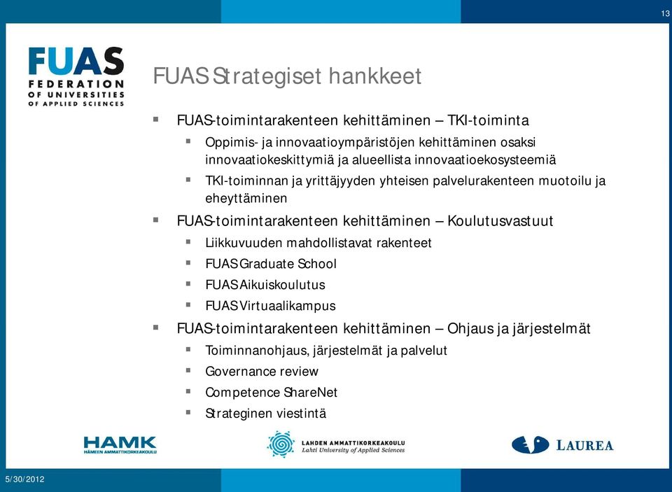 FUAS-toimintarakenteen kehittäminen Koulutusvastuut Liikkuvuuden mahdollistavat rakenteet FUAS Graduate School FUAS Aikuiskoulutus FUAS