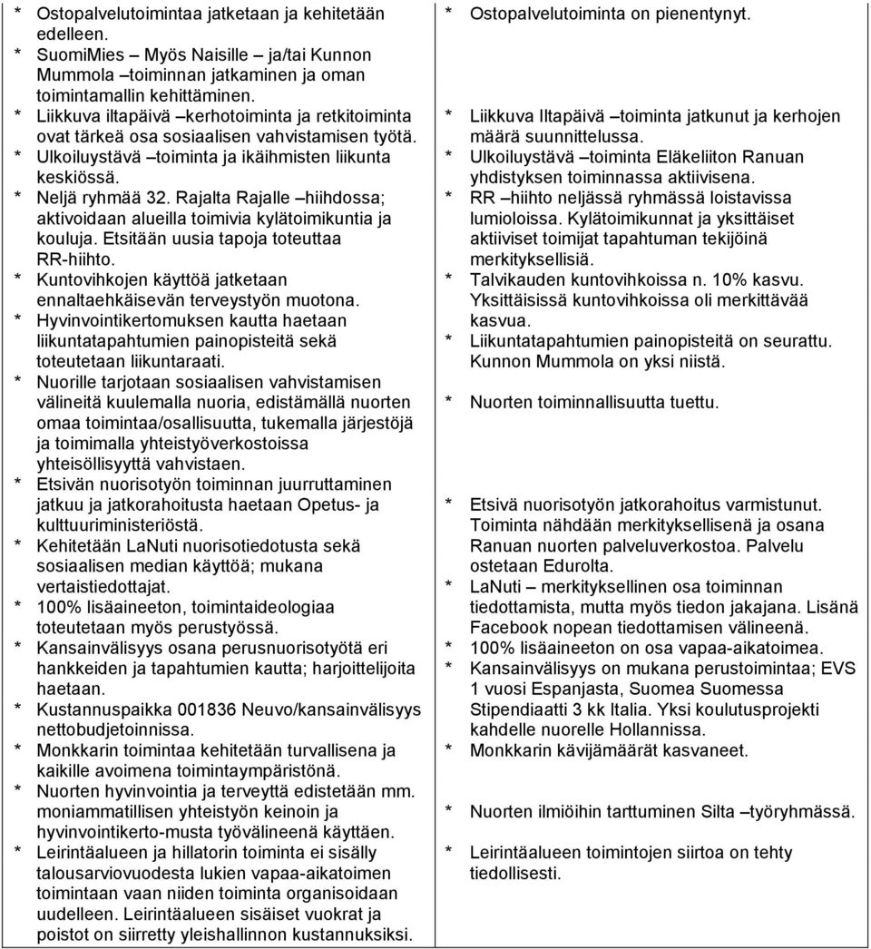 Rajalta Rajalle hiihdossa; aktivoidaan alueilla toimivia kylätoimikuntia ja kouluja. Etsitään uusia tapoja toteuttaa RR-hiihto. * Kuntovihkojen käyttöä jatketaan ennaltaehkäisevän terveystyön muotona.
