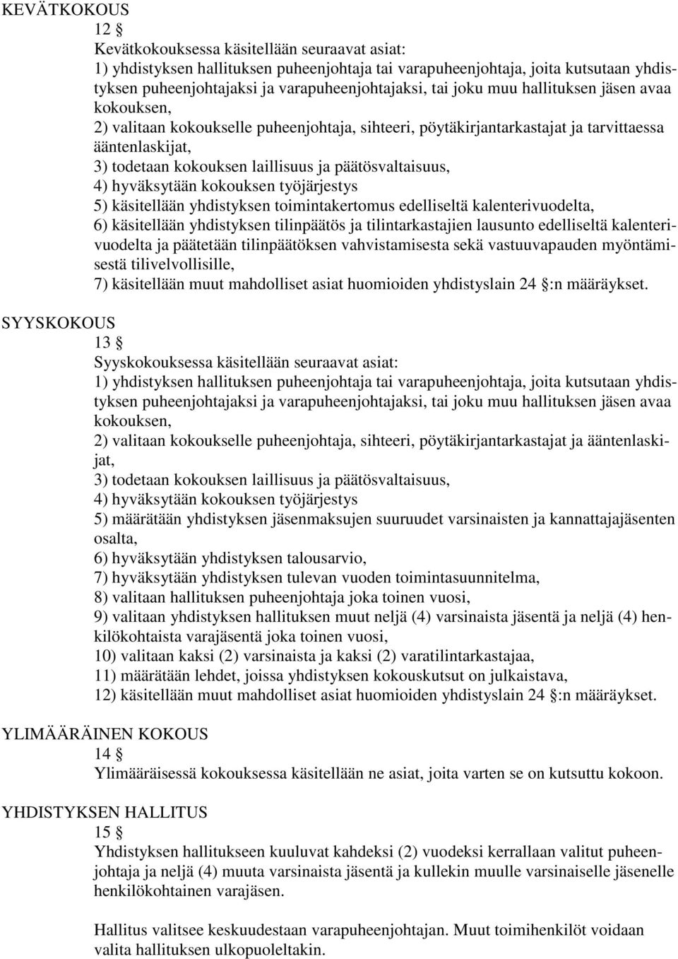 päätösvaltaisuus, 4) hyväksytään kokouksen työjärjestys 5) käsitellään yhdistyksen toimintakertomus edelliseltä kalenterivuodelta, 6) käsitellään yhdistyksen tilinpäätös ja tilintarkastajien lausunto