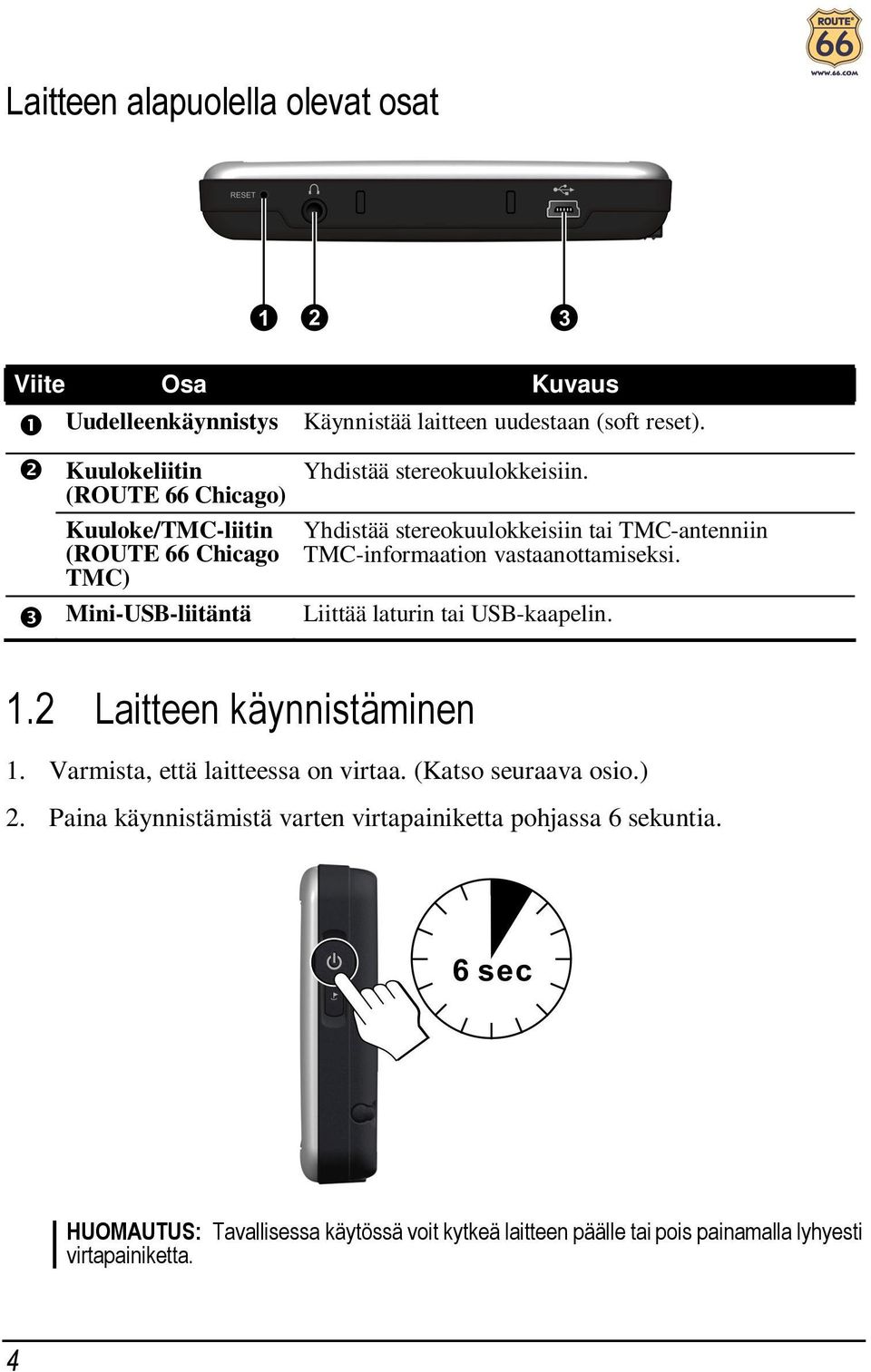 Yhdistää stereokuulokkeisiin tai TMC-antenniin TMC-informaation vastaanottamiseksi. Liittää laturin tai USB-kaapelin. 1.2 Laitteen käynnistäminen 1.