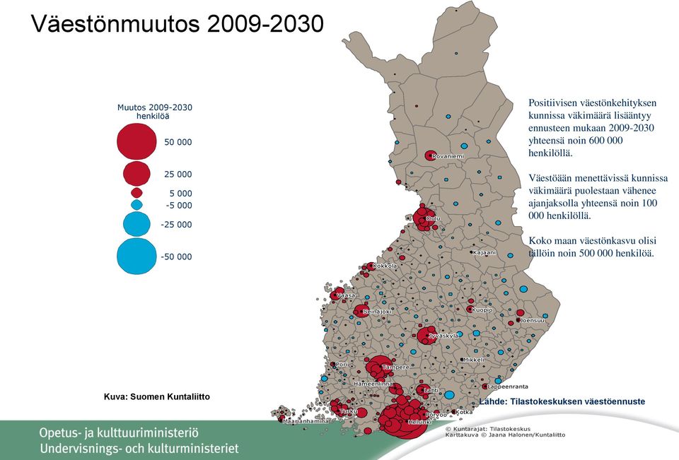 kunnissa väkimäärä lisääntyy ennusteen mukaan 2009-2030 yhteensä noin 600 000 henkilöllä.